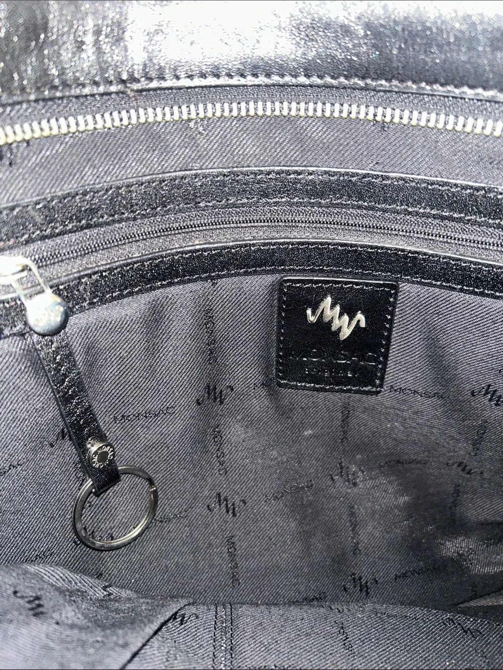 Monsac Black Leather Shoulder Tote with Logo Charm